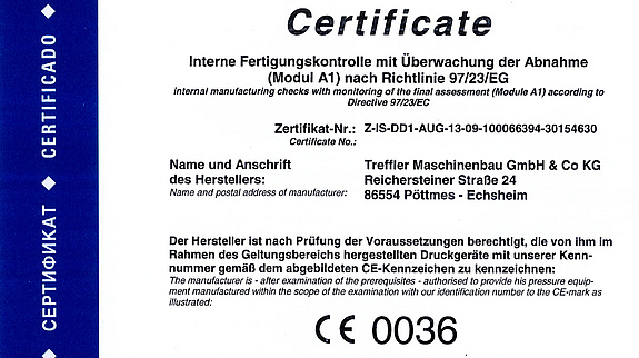 Treffler News und Neuigkeiten - Treffler ist TÜV CE 0036 zertifiziert