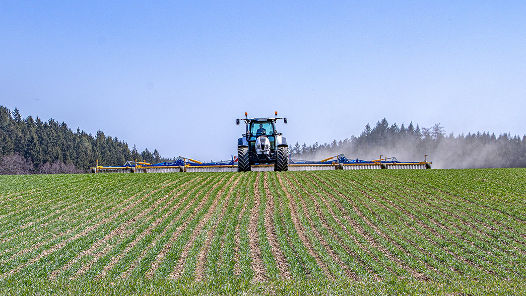 Treffler Agrartechnik Präzisions-Zinken-Striegel kleines Fahrwerk im Weizenfeld Frontansicht