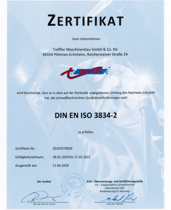 Treffler News und Neuigkeiten - Treffler ist EN ISO 3834-2 zertifiziert