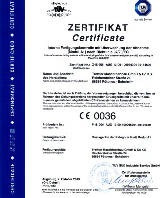 Treffler News und Neuigkeiten - Treffler ist TÜV CE 0036 zertifiziert